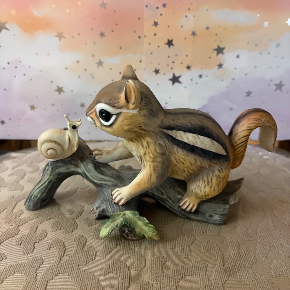 Vintage 1980 Homco Masterpiece Porcelain Chipmunk and Snail Figurine Woodland